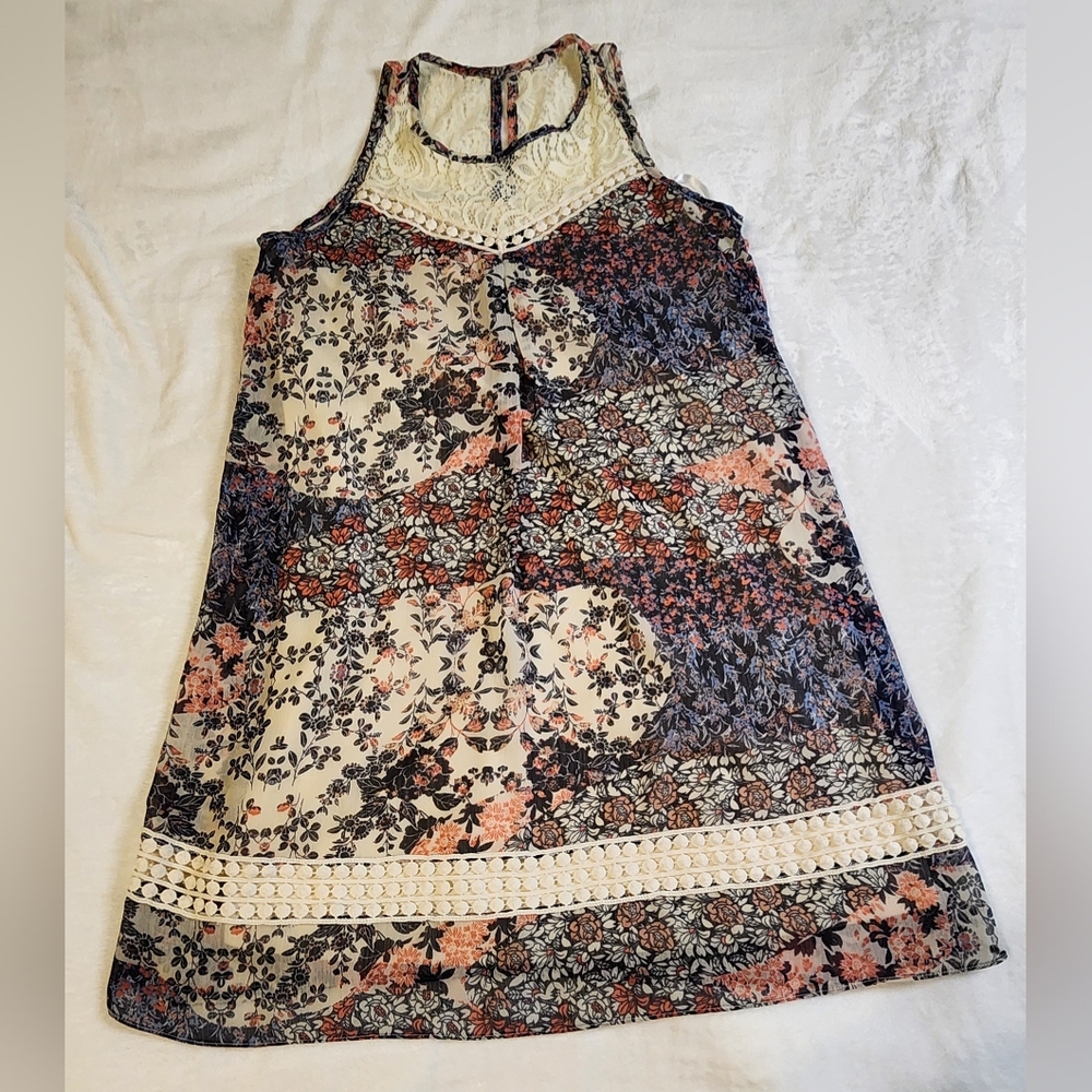 A. Byer Floral Lace And Crochet Trim Midi Dress - Multicolor, Sleeveless, Medium